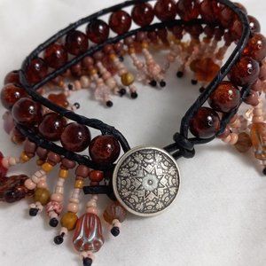 Woven Bracelet, Brown Crackle Glass, Fringe w/Pink & Browns, Vintage Button
